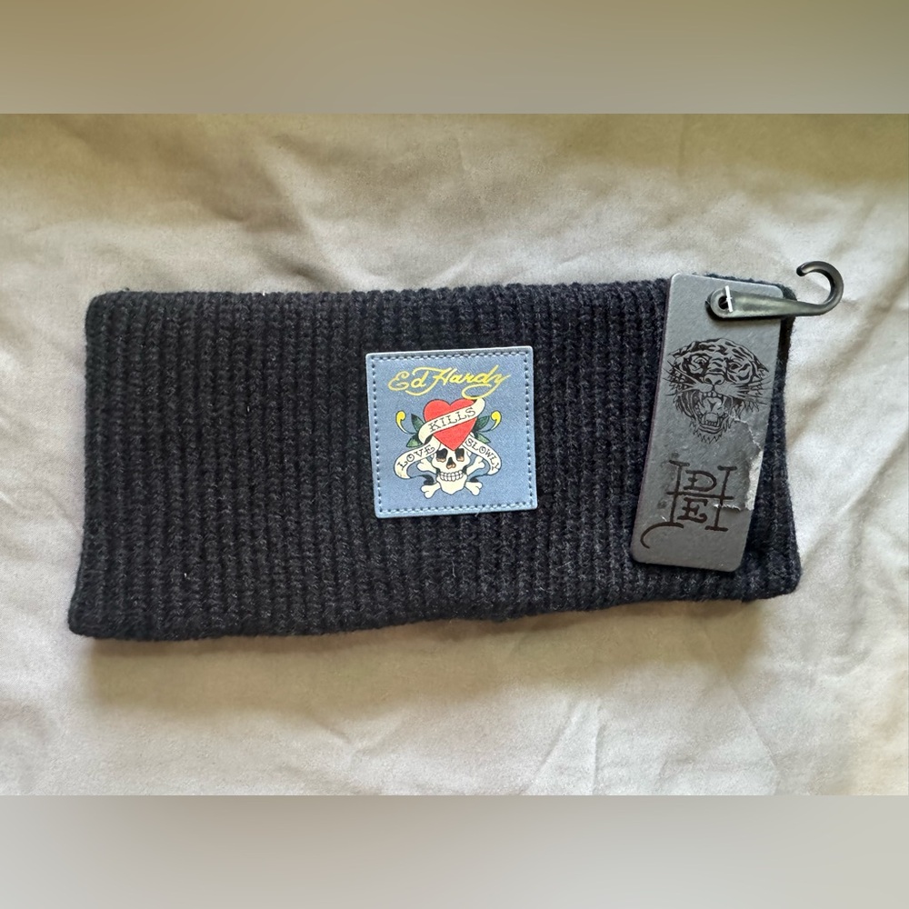 Ed Hardy Black Ribbed Headband with Logo Patch